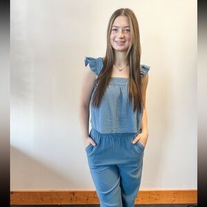 Blue Gauze Matching Set with Ruffle Sleeves and Elastic Waist